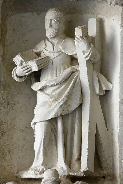 Sculpture of St. Andrew in cloister, Fontevraud Abbey, Fontevraud, Maine-et-Loire, France