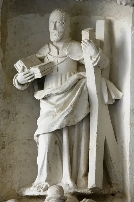Framed Print : Sculpture of St. Andrew in cloister, Fontevraud Abbey, Fontevraud, Maine-et-Loire, France