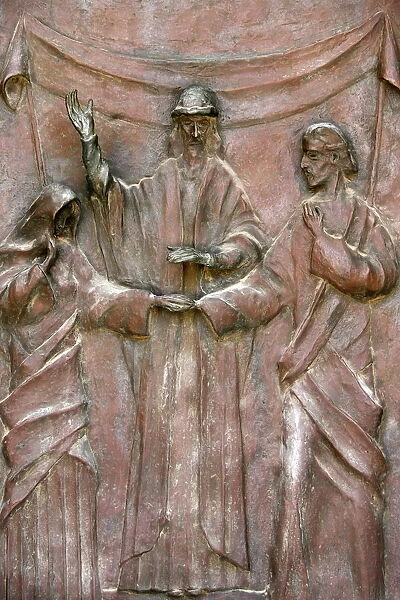 Sculpture of the wedding of Joseph and Mary on the door of the Annunciation Basilica