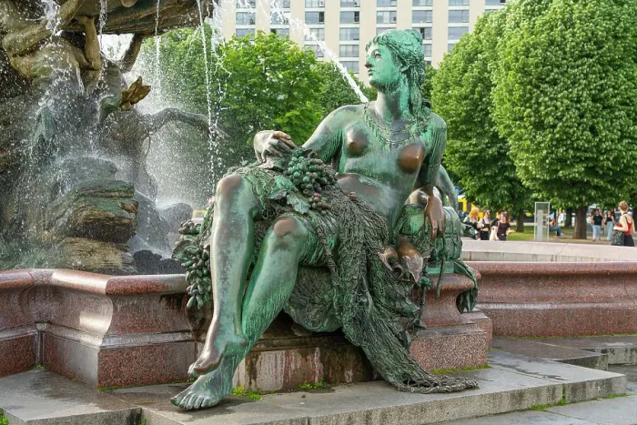 Framed Print : Sculpture of woman at Neptune Fountain designed by Reinhold Begas, Mitte, Berlin, Germany, Europe