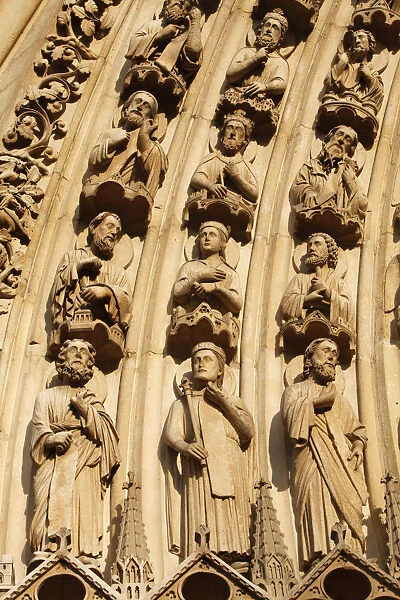 Detail of sculptures on arch of the Western facade, Notre Dame cathedral, Paris, France
