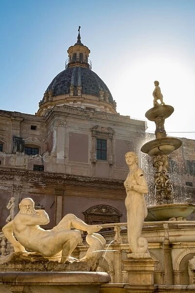 Sculptures of the Fontana Pretoria in Piazza Pretoria in Palermo, Sicily, Italy, Europe