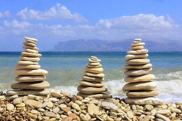 Sculptures of stones on beach, Castellammare del Golfo, province of Trapani, Sicily