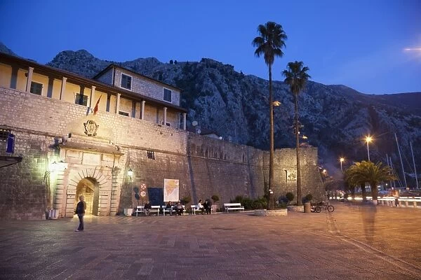 Sea Gate at night in the fortified told town of Kotor, UNESCO World Heritage Site