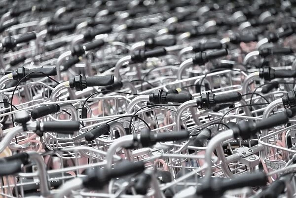 A sea of identical bike handles, China, Asia