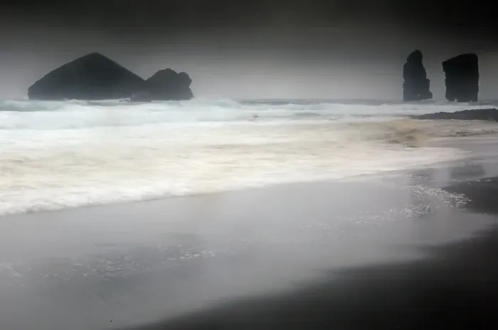 Framed Print : Sea stacks and beach, Mosteiros, Sao Miguel, Azores Islands, Portugal