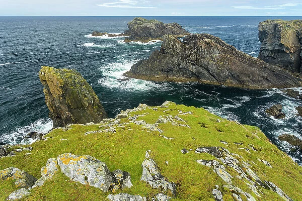 Sea stacks by Butt of Lewis lighthouse, Port of Ness, Island of Harris, Outer Hebrides, Scotland, United Kingdom, Europe