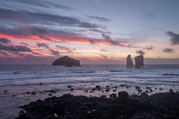 The sea stacks of Mosteiros at twilight seen from the rocky shore, Sao Miguel Island, Azores Islands, Portugal, Atlantic, Europe