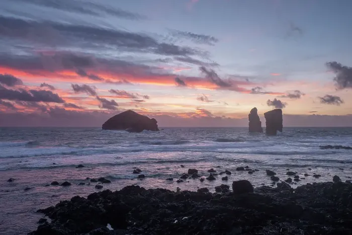 Framed Print : The sea stacks of Mosteiros at twilight seen from the rocky shore, Sao Miguel Island, Azores Islands, Portugal, Atlantic, Europe Framed Print : The sea stacks of Mosteiros at twilight seen from the rocky shore, Sao Miguel Island, Azores Islands, Portugal, Atlantic, Europe
