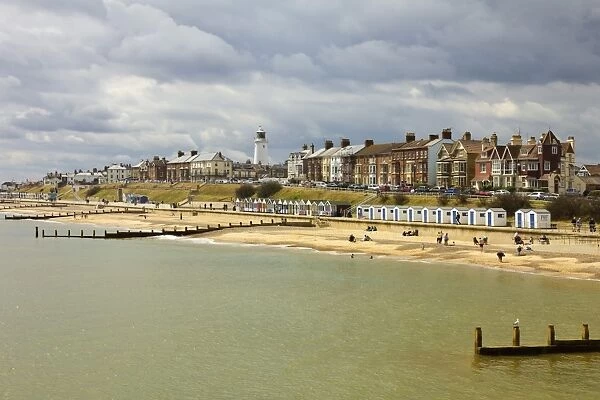 Seafront of this attractive town with the lighthouse, North Parade and the famously pricey beach huts, Southwold, Suffolk, England, United Kingdom, Europe