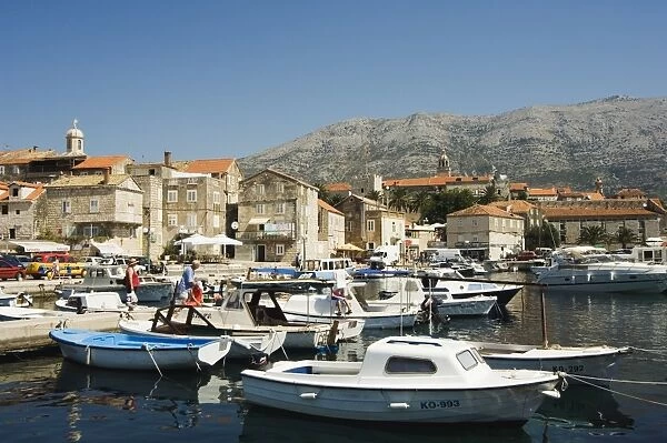 Seafront harbour view of medieval Old Town, Korcula Island, Dalmatia Coast