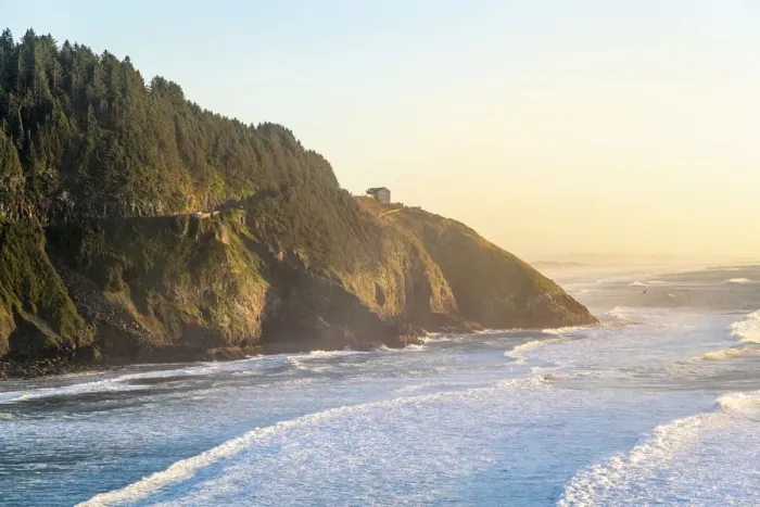 Framed Print : Sealion Point shot from Heceta Head at sunset, Florence, Lane county, Oregon Framed Print : Sealion Point shot from Heceta Head at sunset, Florence, Lane county, Oregon