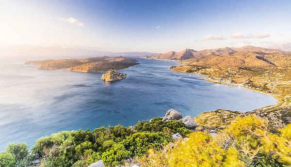 Seaside village of Plaka and Spinalonga island seen from mountains at dawn, Mirabello bay