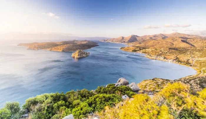 Framed Print : Seaside village of Plaka and Spinalonga island seen from mountains at dawn, Mirabello bay Framed Print : Seaside village of Plaka and Spinalonga island seen from mountains at dawn, Mirabello bay