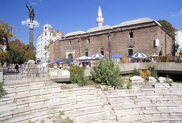 Seats of ruined Roman stadium and Dzhumaya mosque, Dzhumaya Square, Plovdiv