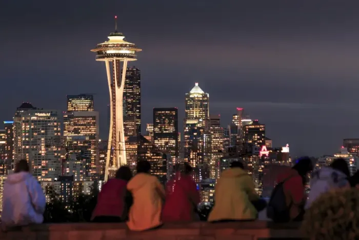 Framed Print : Seattle city skyline at night with illuminated office buildings and Space Needle Framed Print : Seattle city skyline at night with illuminated office buildings and Space Needle