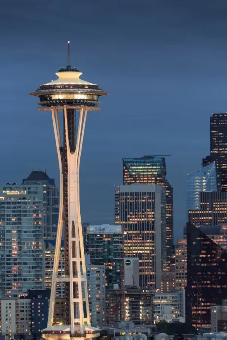 Framed Print : Seattle city skyline at night with illuminated office buildings and Space Needle Framed Print : Seattle city skyline at night with illuminated office buildings and Space Needle
