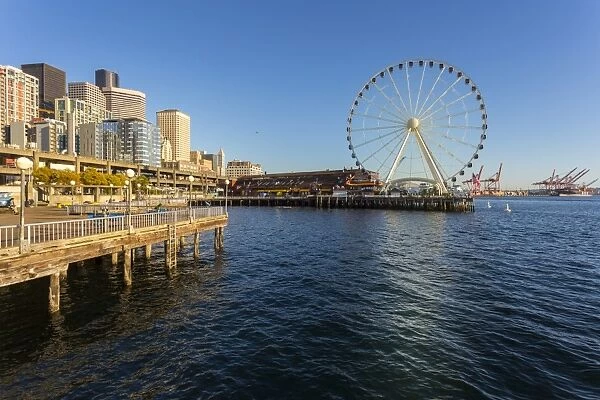 Seattle Great wheel on Pier 57 during the golden hour before sunset, Alaskan Way