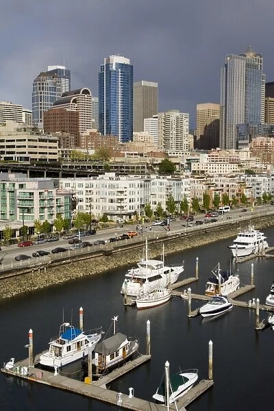Seattle skyline and Bell Harbor Marina, Seattle, Washington State, United States of America