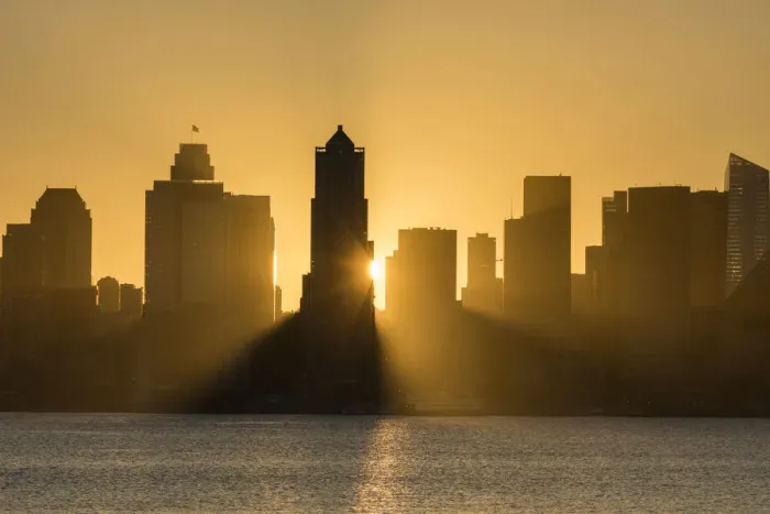 Framed Print : Seattle skyline at sunrise, as seen from Alki Beach, Seattle, Washington State, United Framed Print : Seattle skyline at sunrise, as seen from Alki Beach, Seattle, Washington State, United