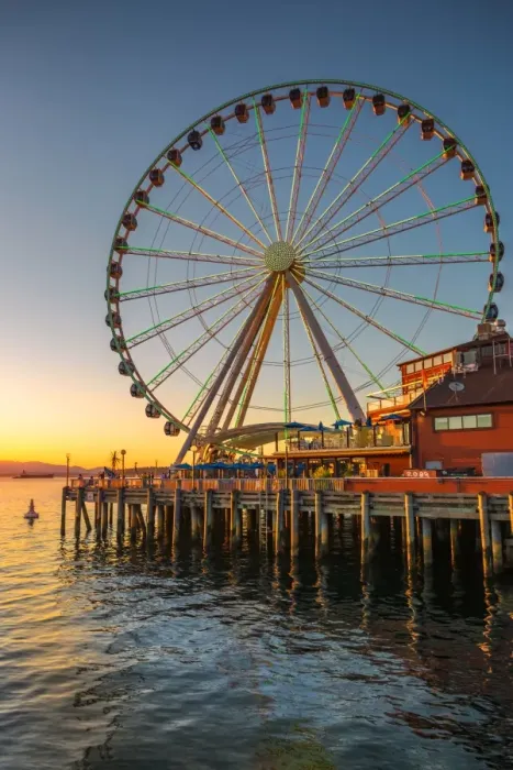 Framed Print : Seattles Great Wheel on Pier 57 at golden hour, Seattle, Washington State, United Framed Print : Seattles Great Wheel on Pier 57 at golden hour, Seattle, Washington State, United
