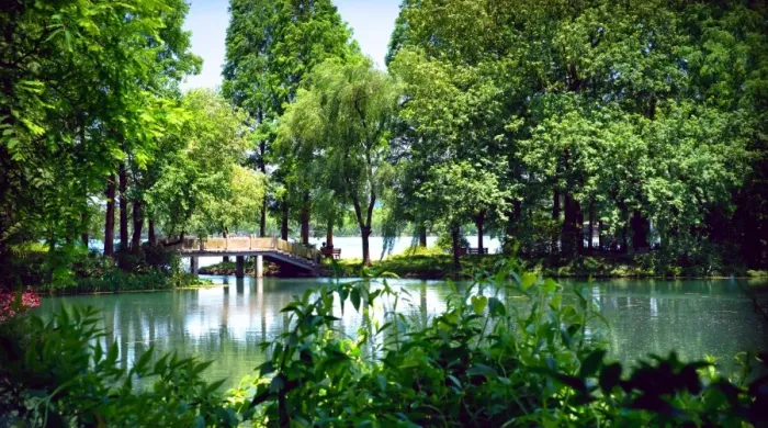 Framed Print : Secluded stone bridge surrounded by lush landscape at West Lake, Hangzhou, Zhejiang