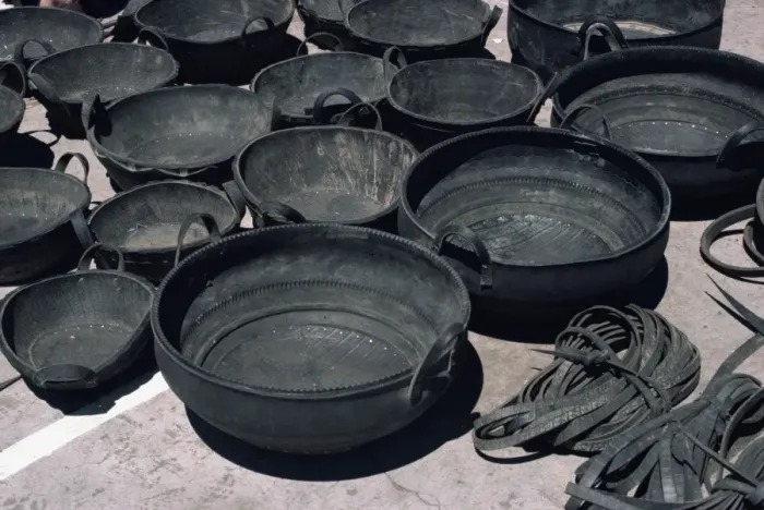 Framed Print : A selection of buckets made from recycled tyres for sale at Pujilo market in Ecuador Framed Print : A selection of buckets made from recycled tyres for sale at Pujilo market in Ecuador