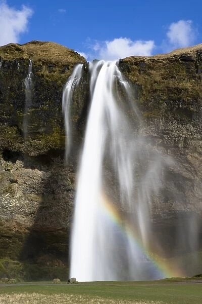 Seljalandsfoss Waterfall tumbling over towering cliffs in bright sunlight with rainbow at the base of the waterfall, near Hella, Southern Iceland, Iceland