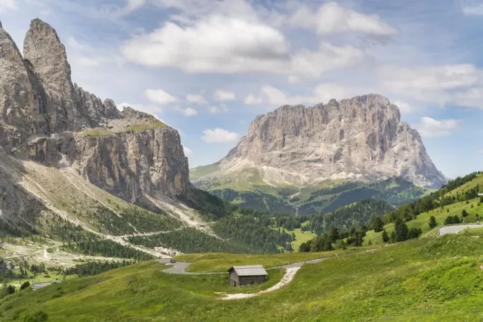 Framed Print : Sella group on the left and Langkofel on the right, shot from Gardena Pass in summer Framed Print : Sella group on the left and Langkofel on the right, shot from Gardena Pass in summer