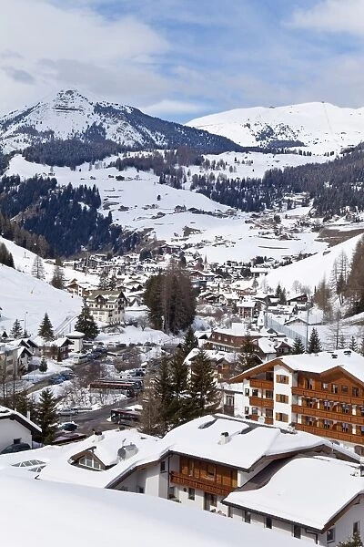 Selva Wolkenstein, Sella Ronda ski area, Val Gardena, Sella Massif range of mountains under winter snow, Dolomites, South Tirol, Trentino-Alto Adige