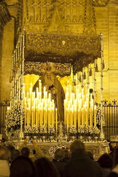 Semana Santa (Holy Week) float (pasos) with image of Virgin Mary outside Seville cathedral, Seville, Andalucia, Spain, Europe