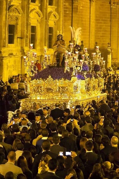 Semana Santa (Holy Week) float (pasos) with image of Christ outside the cathedral, Seville, Andalucia, Spain, Europe