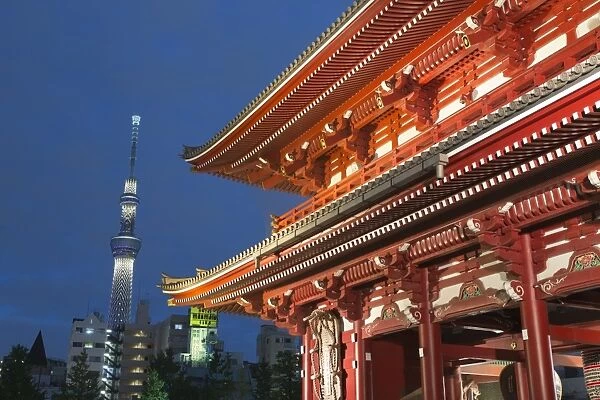 Senso-ji temple and Skytree Tower at night, Asakusa, Tokyo, Japan, Asia