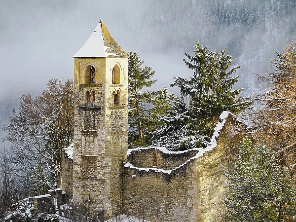 Sent's former church, which burned in the early 1600s, Sent, Graubunden, Switzerland, Europe