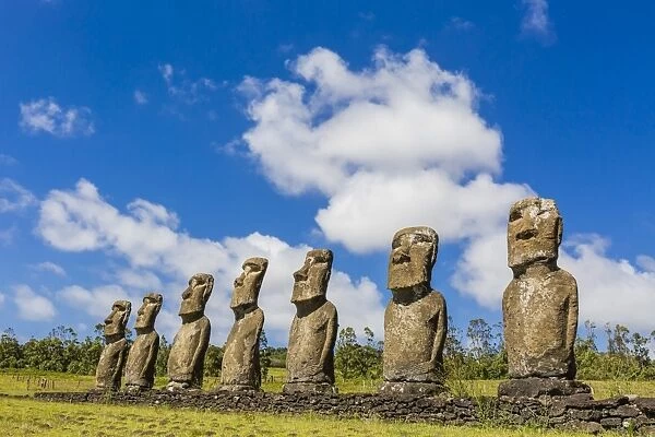 Seven Moai at Ahu Akivi, the first restored altar on Easter Island (Isla de Pascua) (Rapa Nui), UNESCO World Heritage Site, Chile, South America