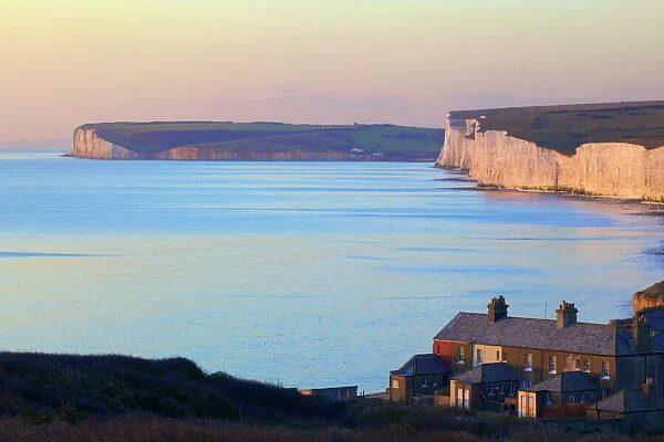 Seven Sisters from Birling Gap at sunset, South Downs National Park, East Sussex, England, United Kingdom, Europe