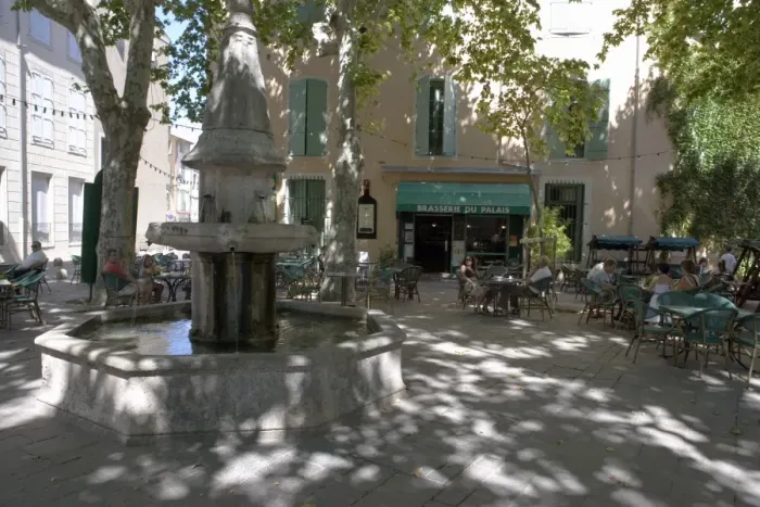 Framed Print : Shady square with cafe brasserie, Place de la Revolution, Beziers, Herault Framed Print : Shady square with cafe brasserie, Place de la Revolution, Beziers, Herault
