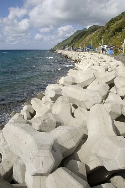 Shakotan peninsula west coast, showing extensive concrete tetrapods for erosion protection