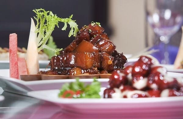 Shanghai specialty dish of red cooked pork served elegantly in a Chinese restaurant