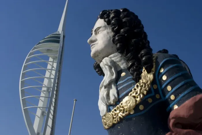 Framed Print : Ship figurehead with Spinnaker Tower behind, Gunwharf, Portsmouth, Hampshire, England, United Kingdom, Europe Framed Print : Ship figurehead with Spinnaker Tower behind, Gunwharf, Portsmouth, Hampshire, England, United Kingdom, Europe