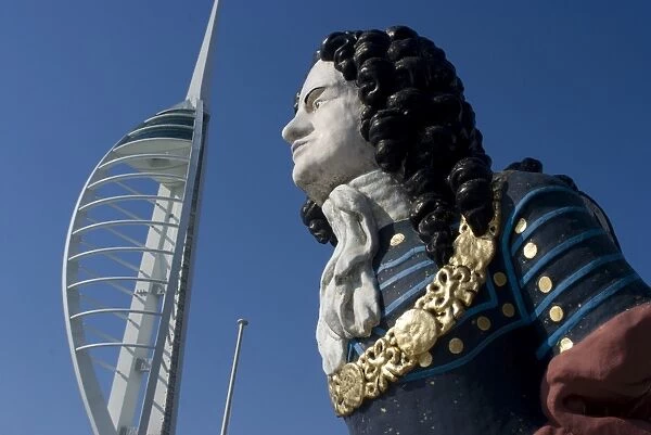 Ship figurehead with Spinnaker Tower behind, Gunwharf, Portsmouth, Hampshire, England, United Kingdom, Europe