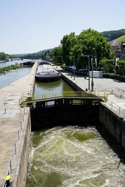 Ship in lock on River Main, Wurzburg, Bavaria, Germany, Europe