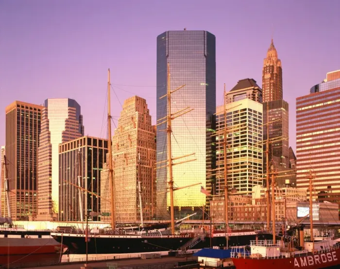 Framed Print : Ships and skyscrapers of South Street Seaport, Manhattan, New York City Framed Print : Ships and skyscrapers of South Street Seaport, Manhattan, New York City
