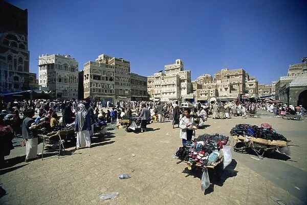 Shoe stalls at Bab Al Yemen gate in city walls, Sana a Souk, Sana a