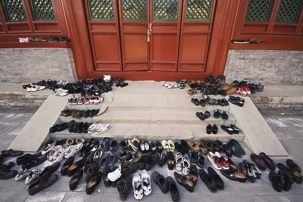 Shoes outside a prayer hall, Niujie mosque, Beijing, China, Asia