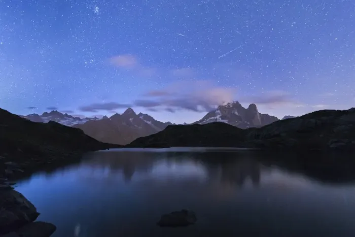 Framed Print : Shooting stars on the rocky peaks of Les Drus and Aiguille Verte, Lacs De Cheserys Framed Print : Shooting stars on the rocky peaks of Les Drus and Aiguille Verte, Lacs De Cheserys