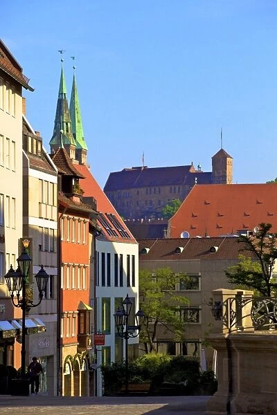 Shopping Area with St. Sebald and Castle in the background, Nuremberg, Bavaria, Germany, Europe