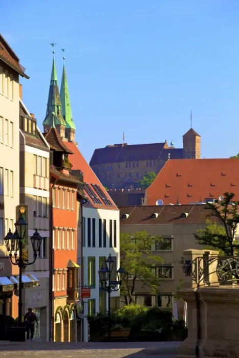 Framed Print : Shopping Area with St. Sebald and Castle in the background, Nuremberg, Bavaria, Germany, Europe Framed Print : Shopping Area with St. Sebald and Castle in the background, Nuremberg, Bavaria, Germany, Europe