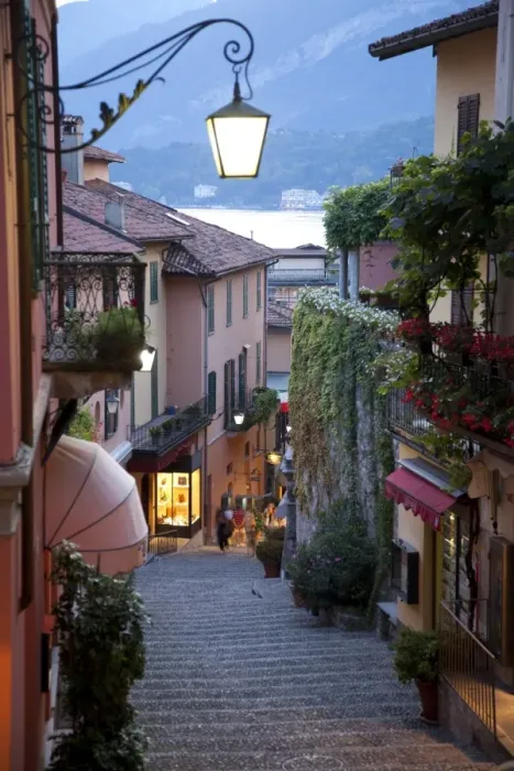 Framed Print : Shopping street at dusk, Bellagio, Lake Como, Lombardy, Italy, Europe Framed Print : Shopping street at dusk, Bellagio, Lake Como, Lombardy, Italy, Europe