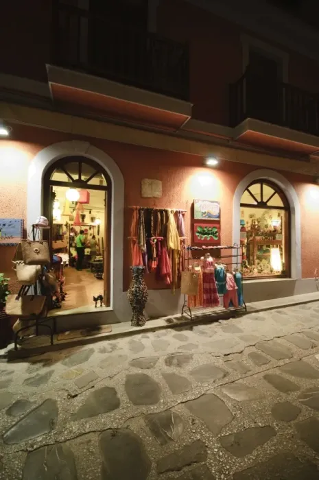 Framed Print : Shops in Skopelos Town at night, Skopelos, Sporades Islands, Greek Islands